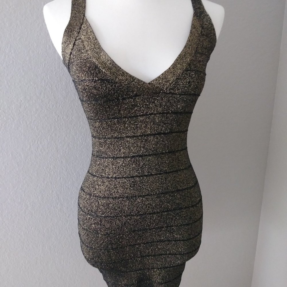 Guess Bodycon V-neck Black Gold Dress LBD Small